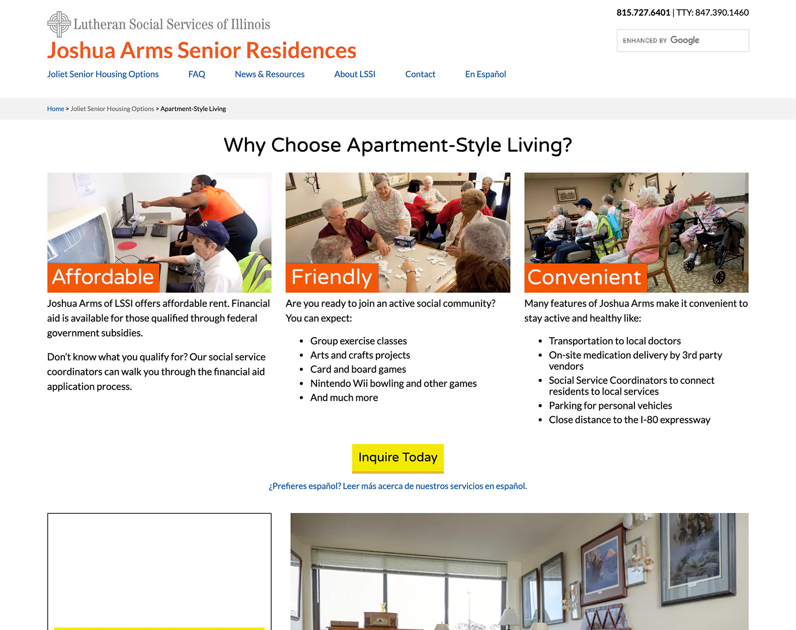 Click here to view a screenshot of Joshua Arms: Apartment-Style Living Page - Desktop