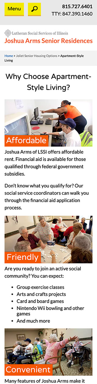 Click here to view a screenshot of Joshua Arms: Apartment-Style Living Page - Mobile