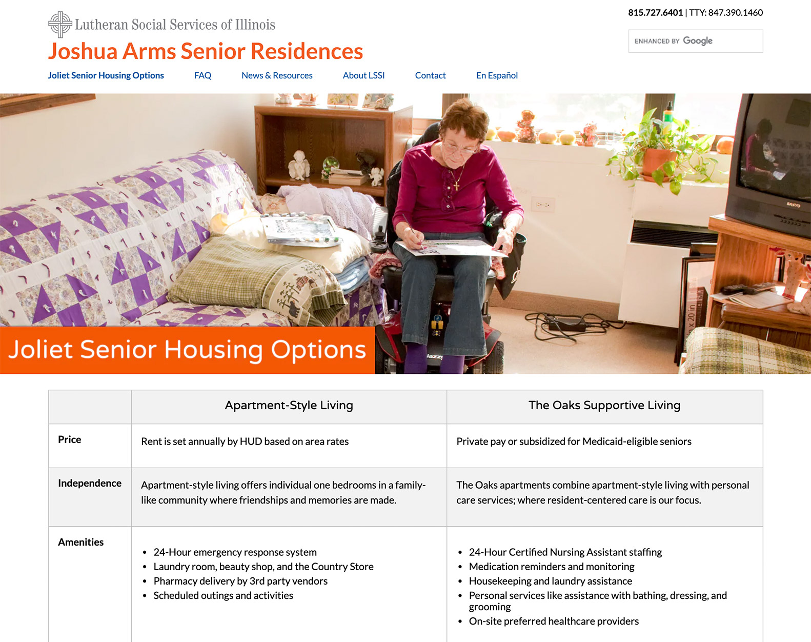 Click here to view a screenshot of Joshua Arms: Senior Housing Options Page - Desktop