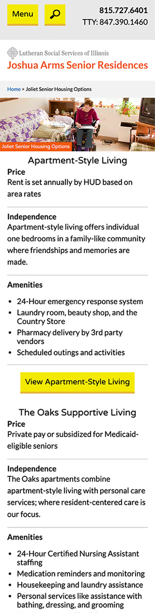Click here to view a screenshot of Joshua Arms: Senior Housing Options Page - Mobile