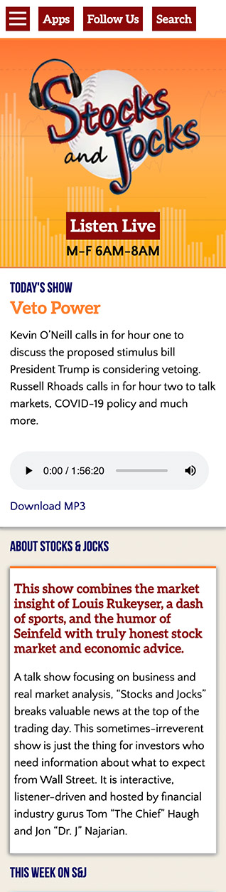 Click here to view a screenshot of Stocks & Jocks: Homepage - Mobile